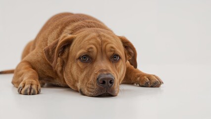 Obraz premium A sad-eyed red dog reclines on the floor inside a studio.