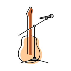 Microphone stand with acoustic guitar singer logo. Open mic symbol icon concept. Live musician performance sign. Editable stroke.