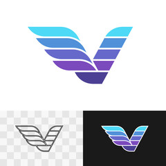 Letter V stylized logo with wings and parallel lines divided elements. Flying bird bright symbol in blue and purple colors