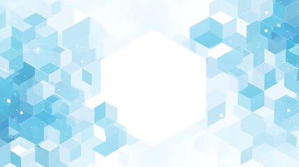 Minimalist white blank hexagonal shape with light blue background, simple vector illustration in flat design style, featuring clean lines, geometric symmetry, white empty space in center