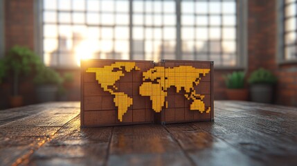 Pixelated world map on wooden table, sunset light