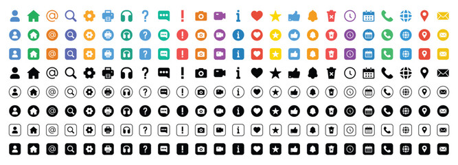 Colorful UI icons set for mobile and web apps including user, phone, message, location, settings, contact and more