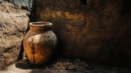 Rustic Clay Pot in Shadowy Corner with Natural Textures and Light