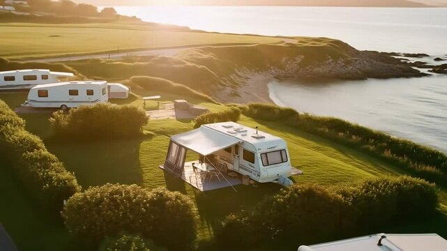 Enjoying the tranquil beauty of nature from a comfortable caravan pitched by the vast ocean.