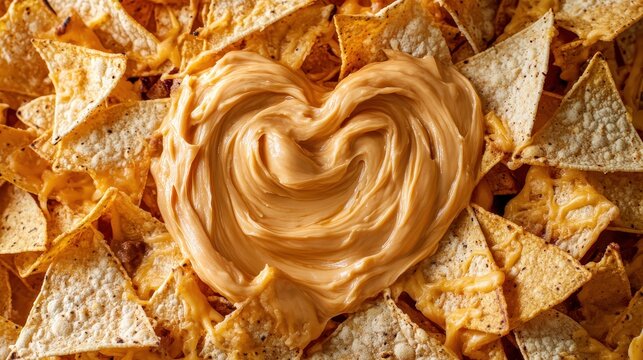 Creamy Dip Heart Shape Surrounded by Crunchy Tortilla Chips Platter