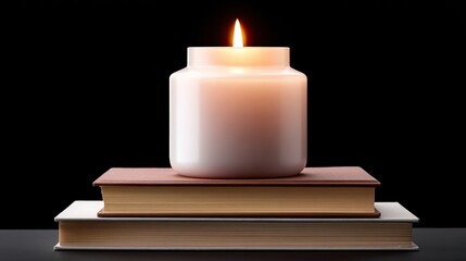 Cozy Scene with Lit Candle on Stack of Books Against Black Background for Warm Atmosphere and Relaxation