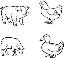 Cute farm animal sketches for kids – pig, chicken, sheep, and duck outline drawings, coloring book pages, printable farm animal art, children’s activity sheets, cartoon style, educational fun.