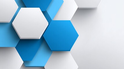Minimalist white blank hexagonal shape with light blue background, simple vector illustration in flat design style, featuring clean lines, geometric symmetry, white empty space in center