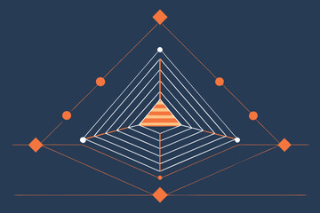 Abstract geometric composition featuring a central triangled design with lines, dots, and shapes on dark blue background