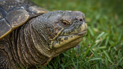 Obraz premium Close-up image of a large snapping turtle revealing detailed textures of shell and skin among green grass background with soft focus.