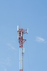 Signal tower or Mobile phone tower with dayligth sky. Telecommunication tower with 5G cellular network antenna. Global connection and internet network concept.