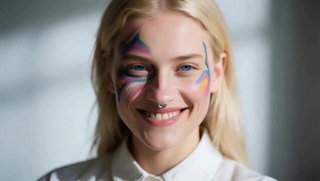 Close-up de una mujer rubia de rasgos nórdicos. Su rostro está parcialmente cubierto por pintura facial de estilo artístico y abstracto en tonos vibrantes