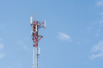 Signal tower or Mobile phone tower with dayligth sky. Telecommunication tower with 5G cellular...