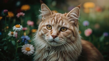 Daylight close-up image of a cat surrounded by greenery