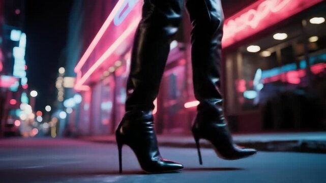 Close-up extremo de las piernas de una mujer caminando con botas de tacón alto