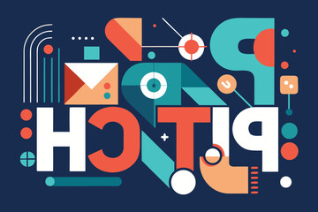 Abstract geometric composition in a modern style featuring the word pitch against a deep blue background