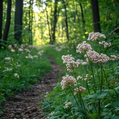 Obraz premium Serene Pathway Through Lush Green Forest with Flowering Plants
