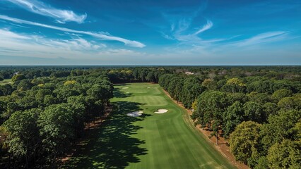 A stunning top-down perspective capturing a vivid green golf course nestled within abundant greenery