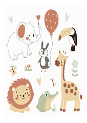 Naklejka premium Cute Cartoon Animals Collection in Pastel Colors – Nursery and Kids Illustration Set