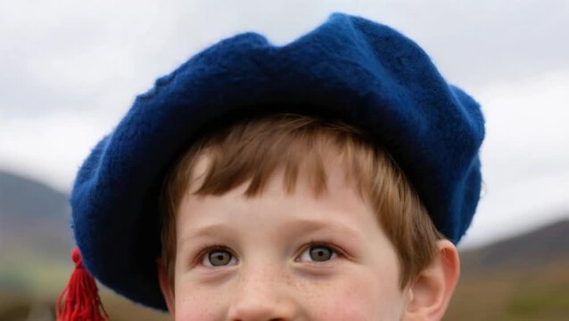niño escocés  vistiendo un vibrante gorro Tam o' Shanter de lana azul oscuro con una borla roja 