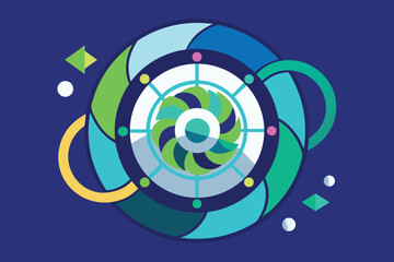 Abstract geometric design featuring a circular pattern with layered colors and playful shapes on a dark blue background.