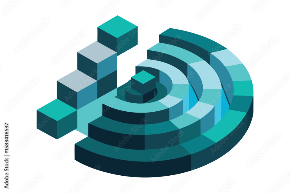 Poster abstract geometric design featuring three dimensional cubes and a circular element in a cool color p