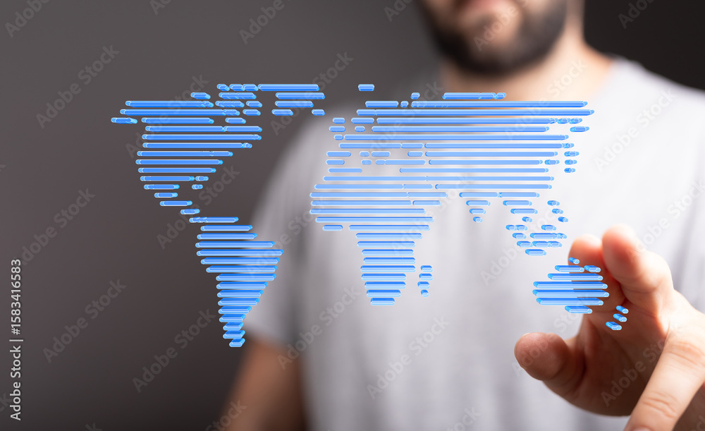 Poster abstract image of a digital world map, representing global connectivity and networking.