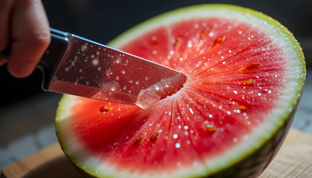 A mesmerizing close-up captures a knife delicately slicing into a glowing, translucent watermelon, revealing its sparkling, crystal-like interior.