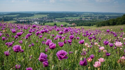 Fototapeta premium A lush landscape covered with striking purple poppies