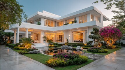 Elegant white house with a landscaped garden.