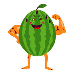 Funny watermelon character showing strong bicep muscles. Healthy food and sport lifestyle concept. Vector illustration