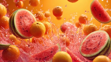 Juicy watermelon slices and whole oranges splash in vibrant orange liquid, creating a fresh and colorful fruit explosion.