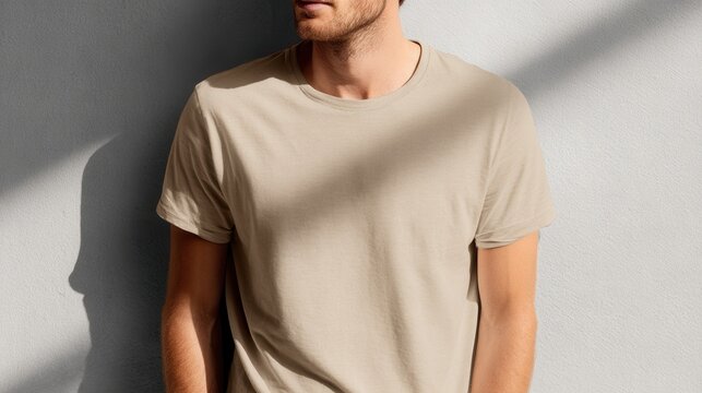 A man wearing a beige t-shirt stands against a textured wall with sunlight creating shadows on him.