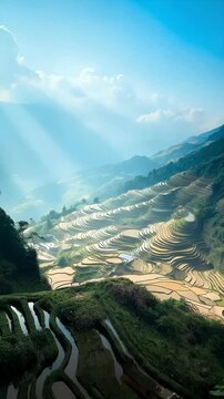Sun Rays Over Mountain Rice Terraces with Reflective Water Layers
