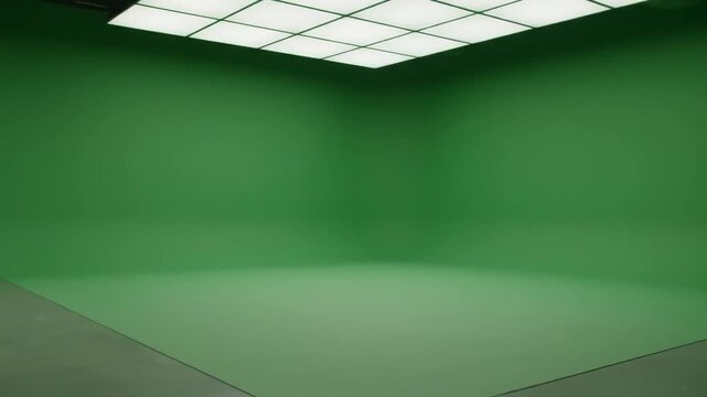 Professional empty green screen studio setup with cyclorama for video production and chroma key