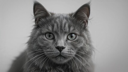 Black and white close-up image of a pet cat gazing at the camera