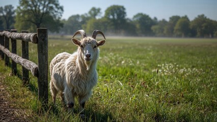 Obraz premium A horned goat of the Landrace breed stands near a meadow fence in a protected natural area.
