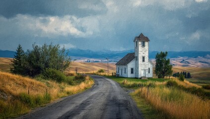 A rustic road leads toward a white church amidst rolling hills and a cloudy sky
