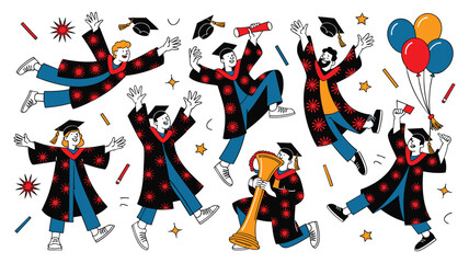 Fototapeta premium Graduation Celebration: Joyful Graduates Jumping and Celebrating Success