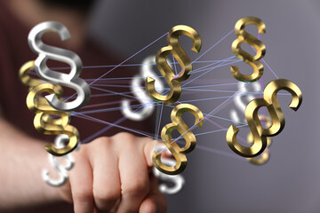 Abstract image of interconnected paragraph symbols representing legal concepts, regulations, and the complexity of law.