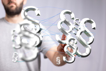 Abstract image of a person interacting with 3D paragraph symbols, representing legal tech, law, and...