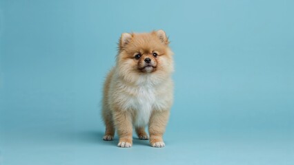 Delightful miniature dog with a bright blue setting