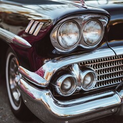 Fototapeta premium Close-up of a car shiny chrome grille and headlights 