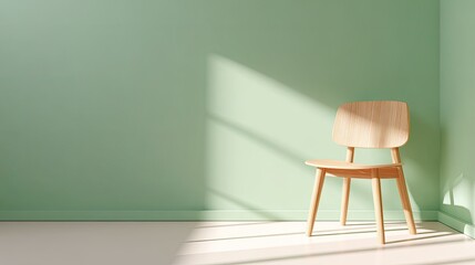 Minimalistic Wooden Chair in Bright Green Room with Soft Natural Light and Shadows for Modern Decor Inspiration