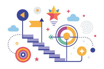 Fototapeta premium Colorful and abstract illustration depicting goal achievement and progress through steps and targets on a white background