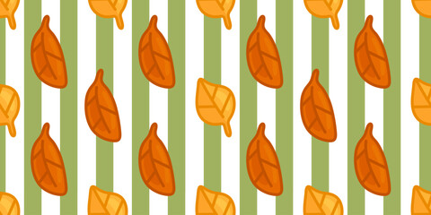 Striped Autumn Leaves Seamless Pattern. Bright yellow and orange cartoon leaves on a vertical green striped background. Seamless autumn pattern in flat style.