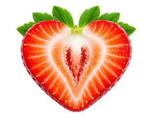Heart-shaped strawberry with seeds and green calyx, front view isolated on transparent background PNG  