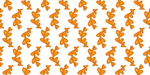 Orange Abstract Leaf Seamless Pattern. Repeating cartoon-style orange leaves with rounded shapes and whimsical forms on white background. Flat colorful illustration in warm palette.
