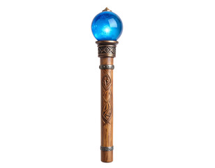 Glowing wizard staff with crystal orb and ancient carvings, isolated on a transparent background