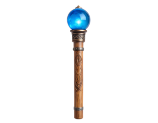 Glowing wizard staff with crystal orb and ancient carvings, isolated on a transparent background